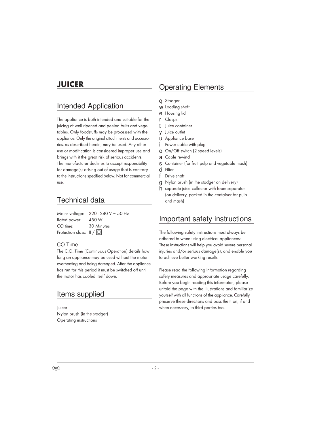 Silvercrest SFE 450 B16 manual Intended Application, Technical data, Items supplied, Operating Elements 