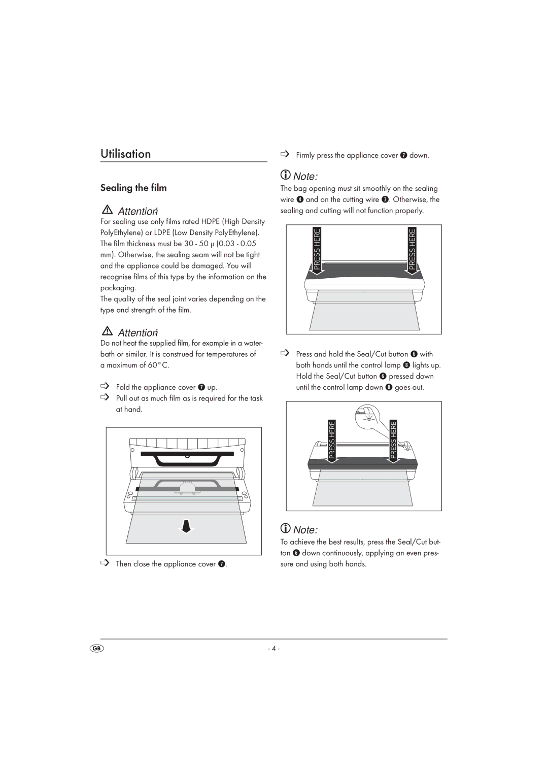 Silvercrest SFS 150 A2 manual Utilisation, Sealing the film 