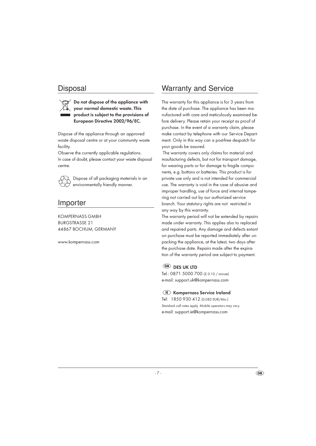 Silvercrest SFS 150 A2 manual Disposal, Importer, Warranty and Service 