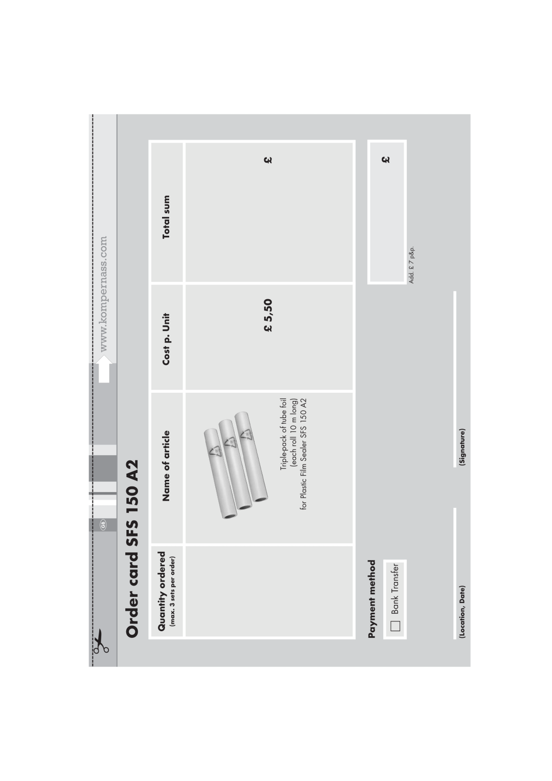 Silvercrest Order card SFS 150 A2, Quantity ordered, Name of article, Cost p. Unit, Total sum, max. 3 sets per order 