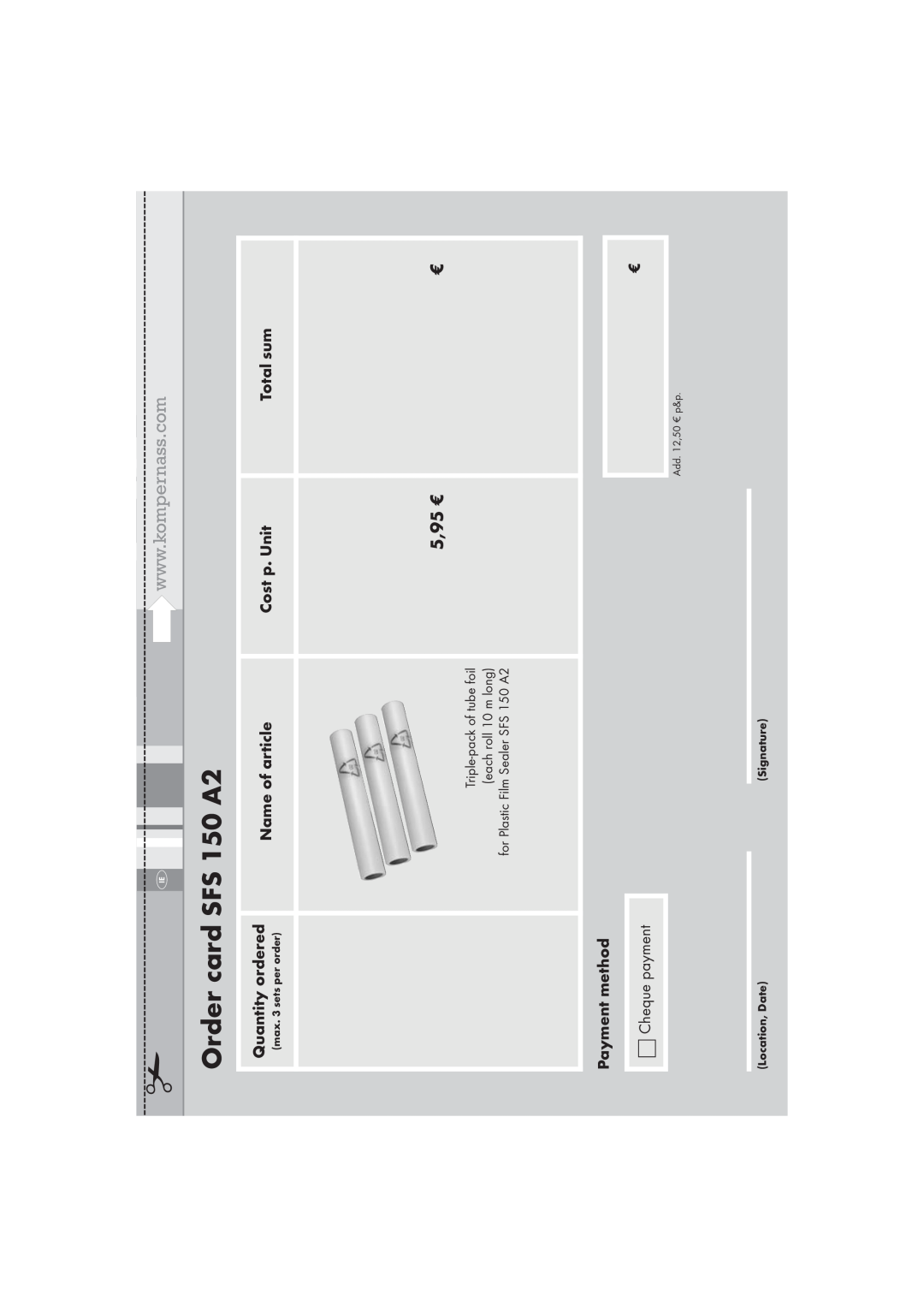 Silvercrest Order card SFS 150 A2, Quantity ordered, Name of article, Cost p. Unit, Total sum, max. 3 sets per order 