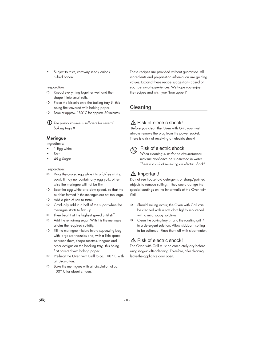 Silvercrest SGB 1380 A1 manual Cleaning, Meringue, Ingredients Egg white Salt Sugar Preparation 