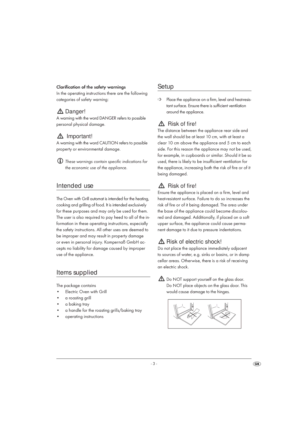 Silvercrest SGB 1380 A1 manual Setup, Intended use, Items supplied, Risk of fire, Risk of electric shock 