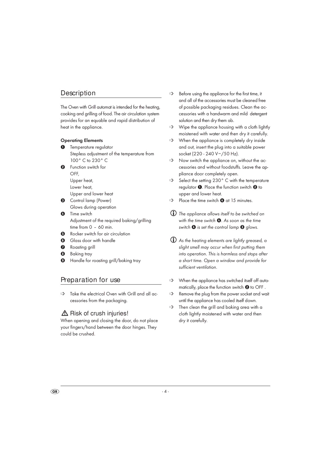 Silvercrest SGB 1380 A1 manual Description, Preparation for use, Risk of crush injuries, Upper and lower heat 