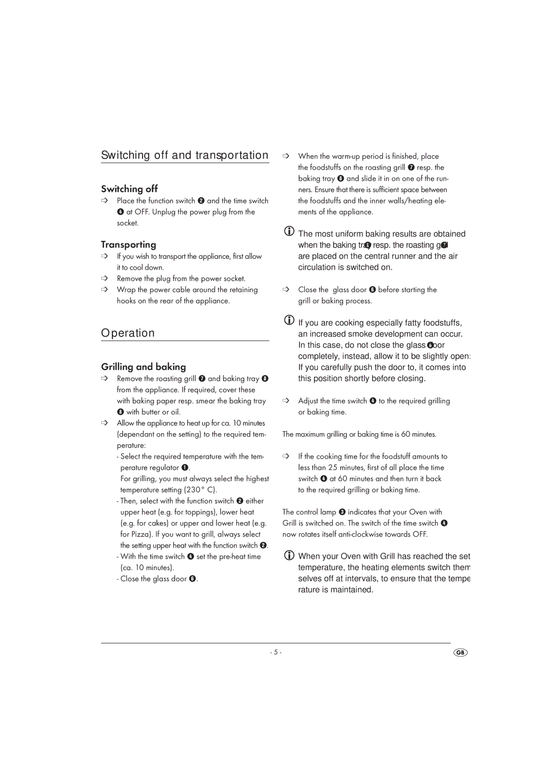 Silvercrest SGB 1380 A1 manual Operation, Switching off, Transporting, Grilling and baking 