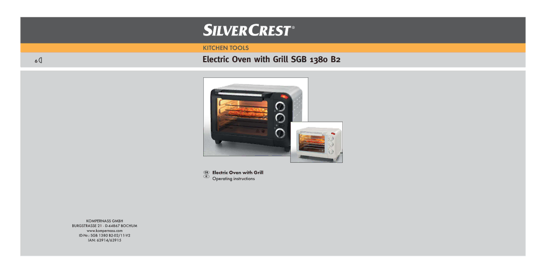 Silvercrest SGB 1380 B26 manual Electric Oven with Grill SGB 1380 B2 