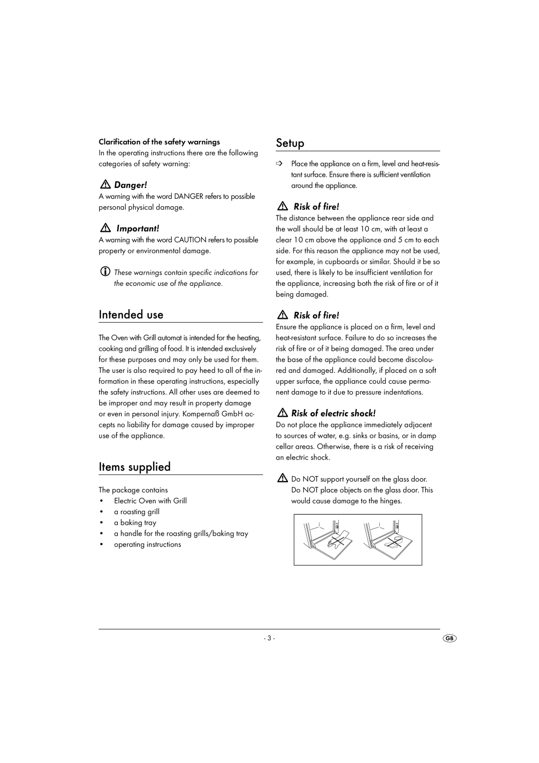 Silvercrest SGB 1380 B26 manual Setup, Intended use, Items supplied, Risk of fire, Risk of electric shock 