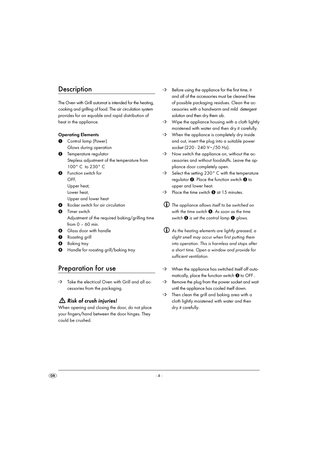 Silvercrest SGB 1380 B26 manual Description, Preparation for use, Risk of crush injuries, Operating Elements 