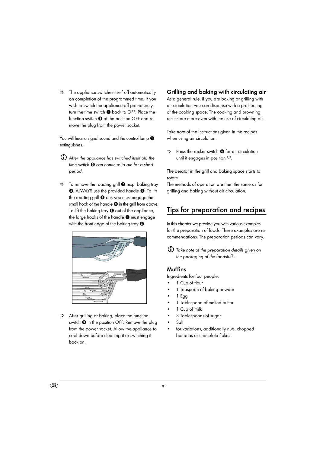 Silvercrest SGB 1380 B26 manual Tips for preparation and recipes, Grilling and baking with circulating air, Muffins 