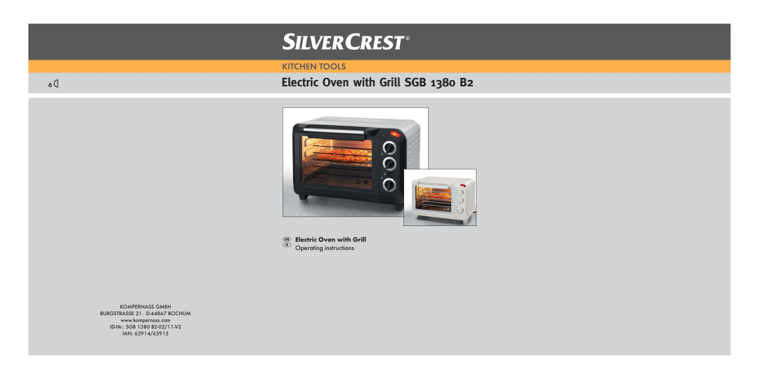 Silvercrest SGB 1380 B26 manual Electric Oven with Grill SGB 1380 B2, Kitchen Tools, IAN 63914/63915 