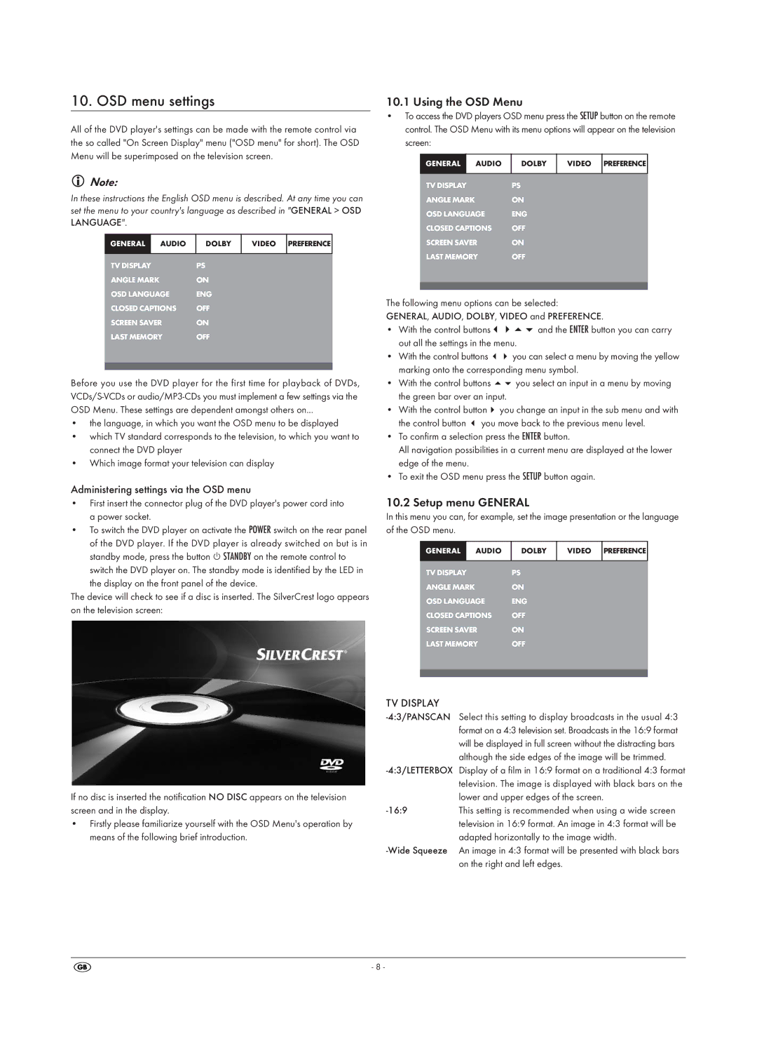 Silvercrest SHDP 5.1 A1 OSD menu settings, Using the OSD Menu, Setup menu General, Administering settings via the OSD menu 