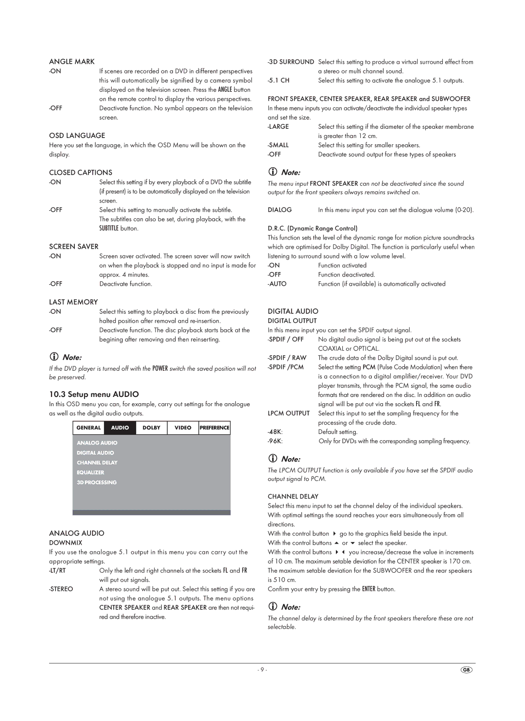 Silvercrest SHDP 5.1 A1 operating instructions Setup menu Audio 