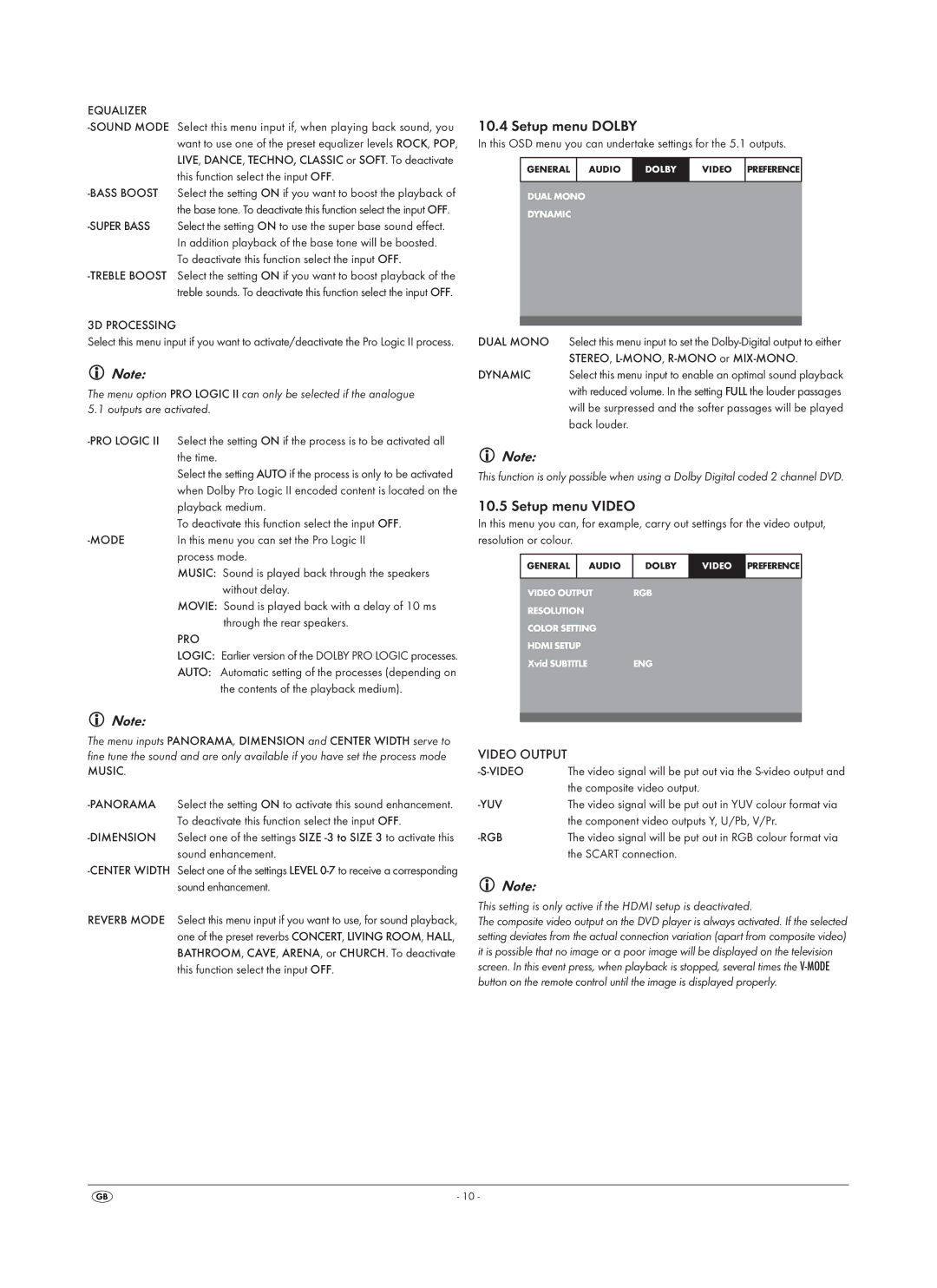 Silvercrest SHDP 5.1 A1 operating instructions Setup menu Dolby, Setup menu Video, Video Output 