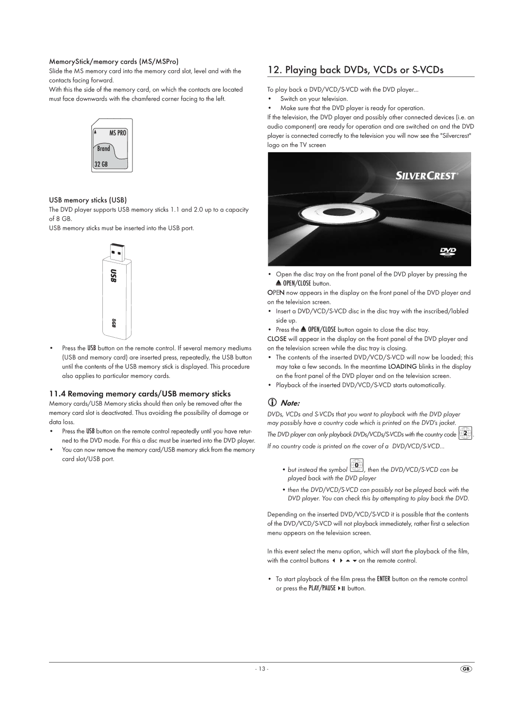 Silvercrest SHDP 5.1 A1 Playing back DVDs, VCDs or S-VCDs, Removing memory cards/USB memory sticks, USB memory sticks USB 