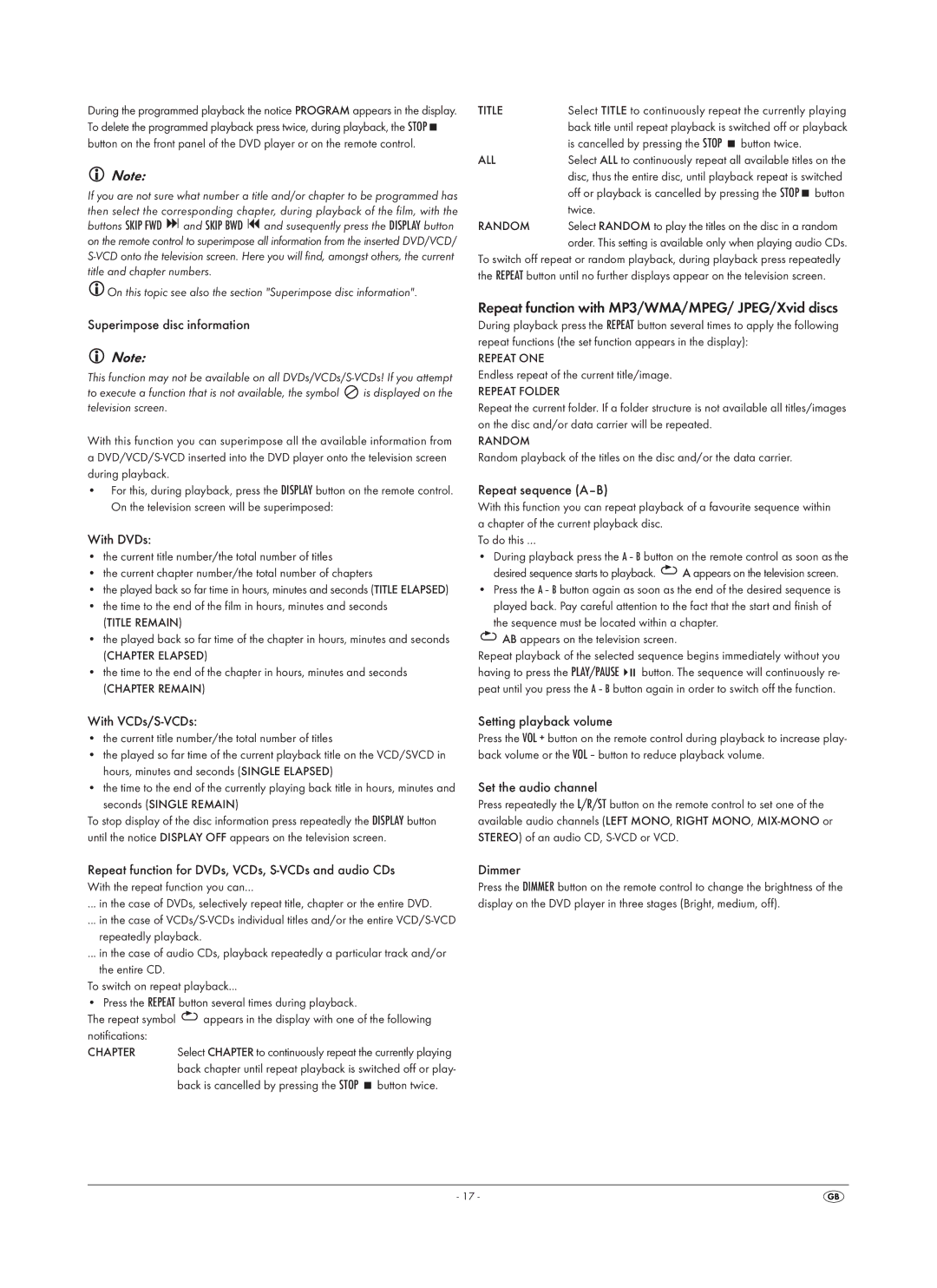 Silvercrest SHDP 5.1 A1 operating instructions Repeat function with MP3/WMA/MPEG/ JPEG/Xvid discs 