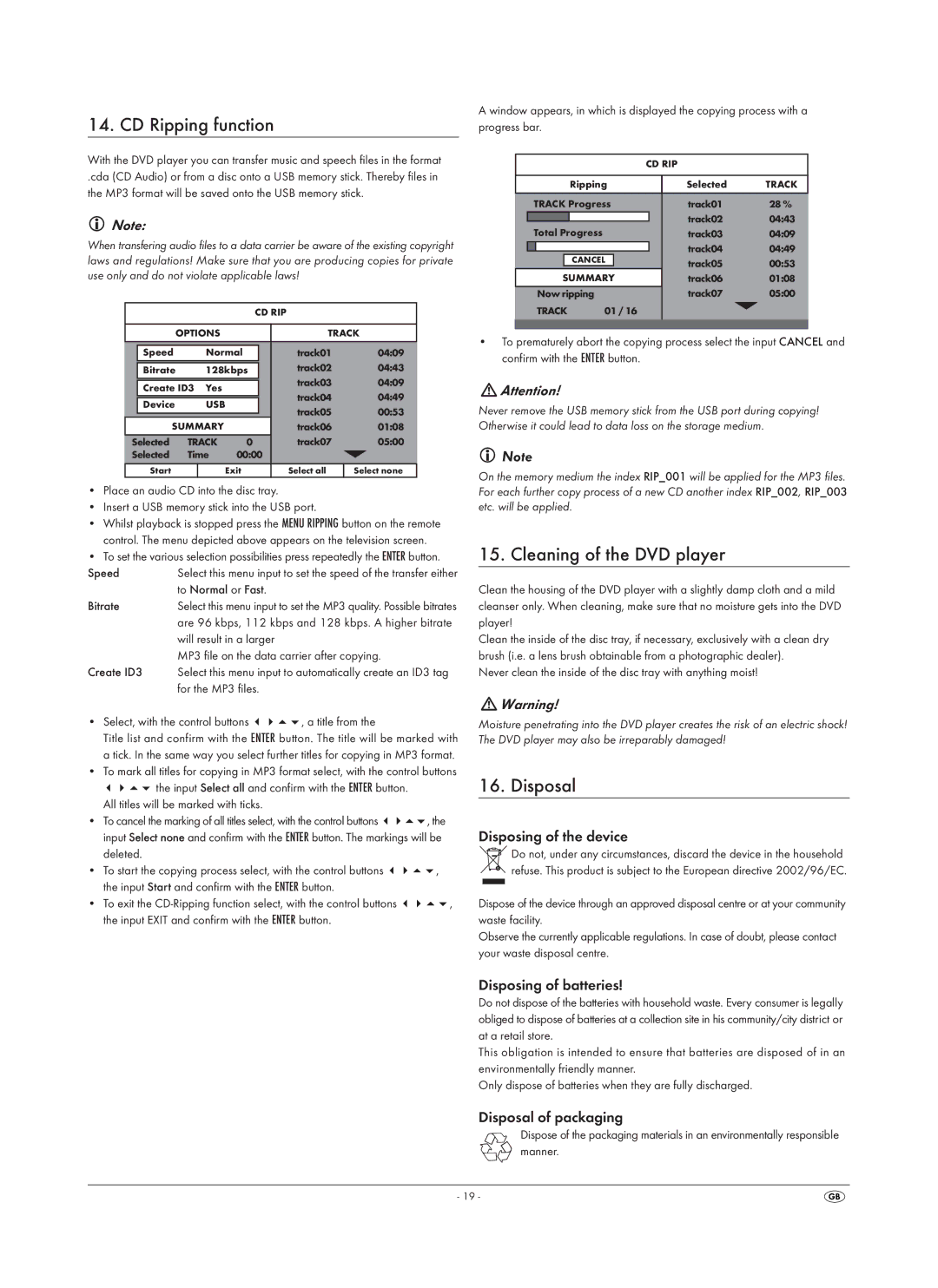 Silvercrest SHDP 5.1 A1 operating instructions CD Ripping function, Cleaning of the DVD player, Disposal 