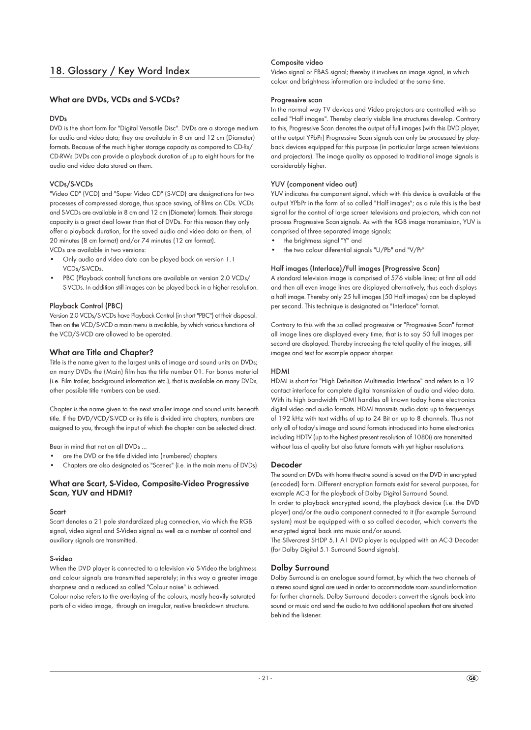 Silvercrest SHDP 5.1 A1 Glossary / Key Word Index, What are DVDs, VCDs and S-VCDs?, What are Title and Chapter?, Decoder 