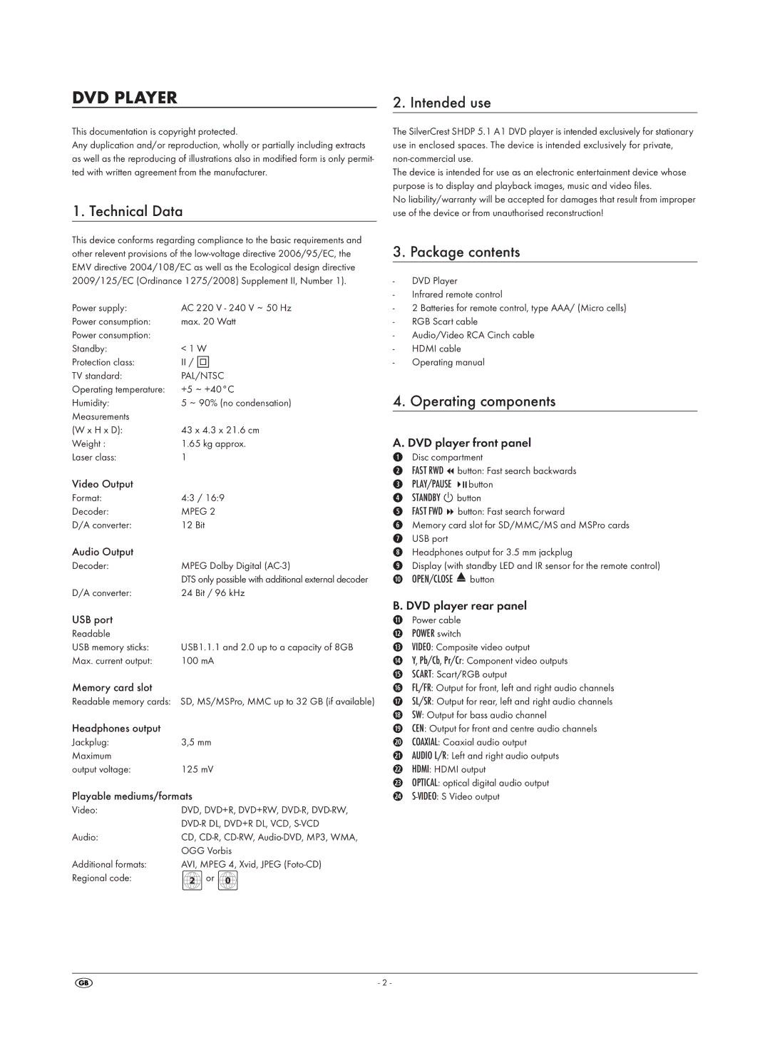 Silvercrest SHDP 5.1 A1 operating instructions Technical Data, Intended use, Package contents, Operating components 