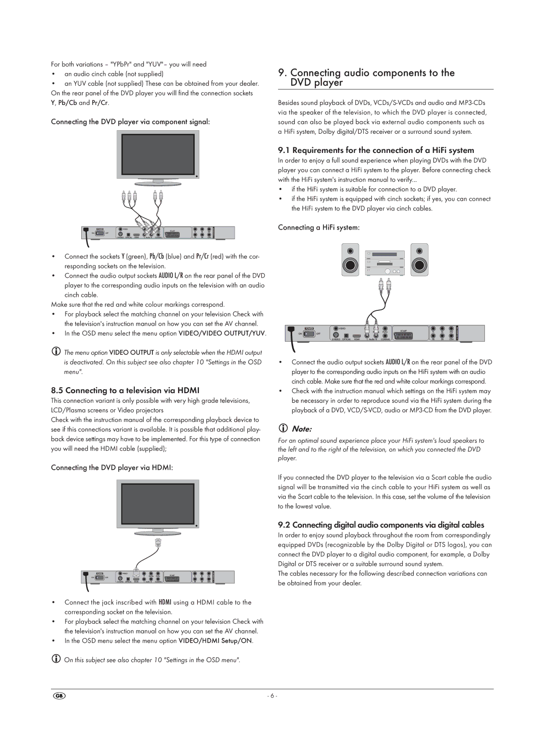 Silvercrest SHDP 5.1 A1 Connecting audio components to the DVD player, Connecting to a television via Hdmi 