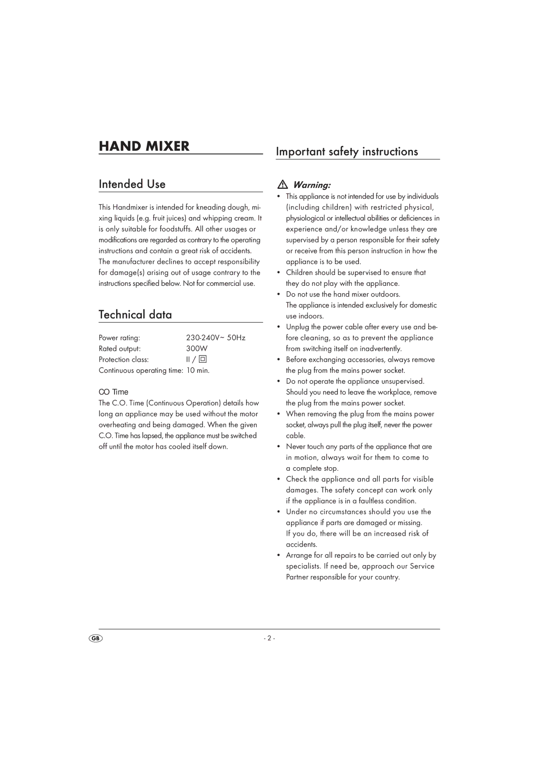 Silvercrest SHM 300 A1 manual Hand Mixer, Intended Use, Technical data, Important safety instructions 