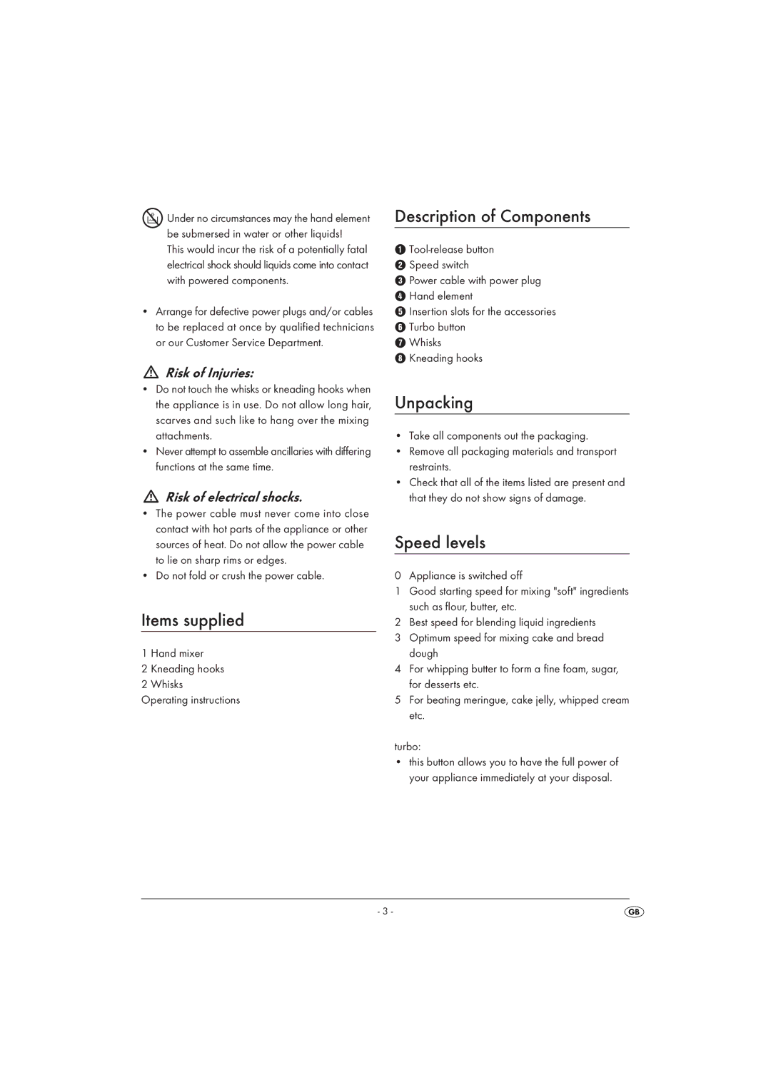 Silvercrest SHM 300 A1 manual Items supplied, Description of Components, Unpacking, Speed levels 