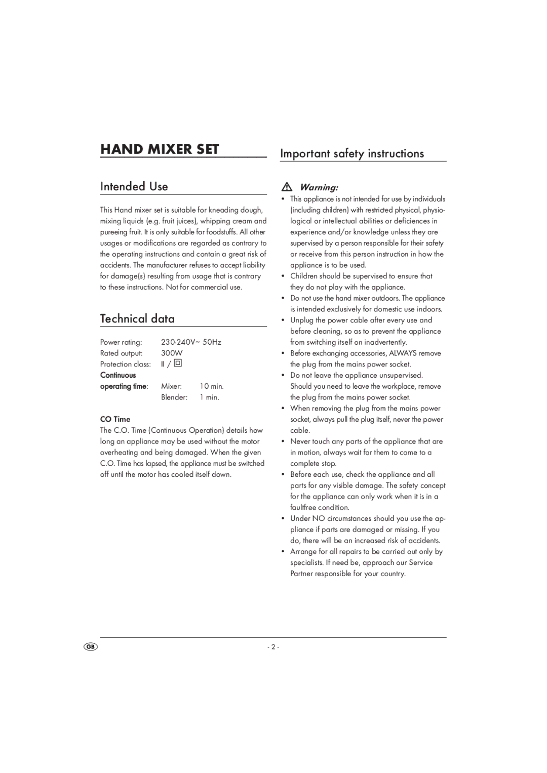 Silvercrest SHMS 300 A1 manual Intended Use, Technical data, Important safety instructions 