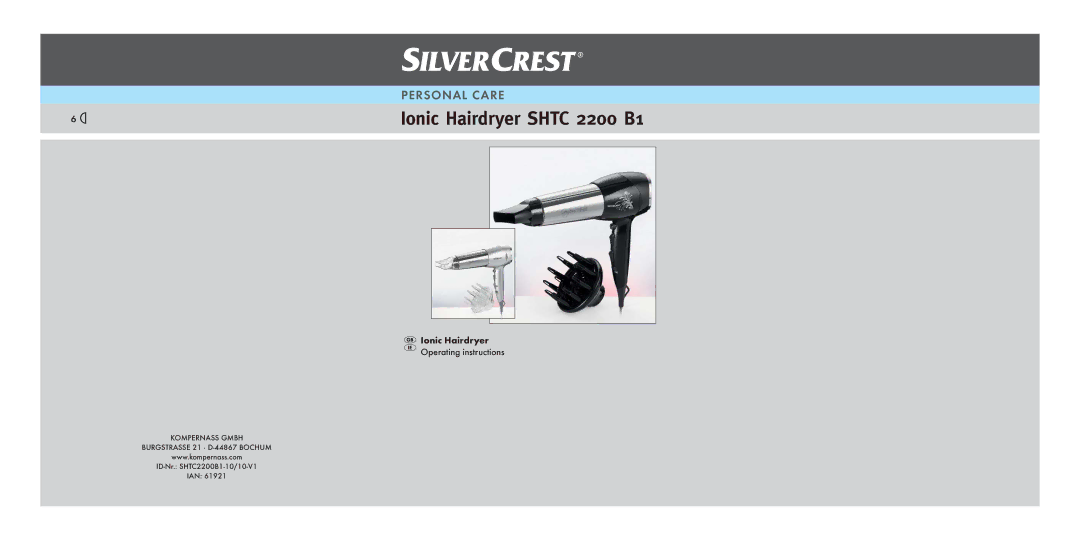 Silvercrest SHTC 2200 B1 operating instructions Ionic Hairdryer Shtc 2200 B1 