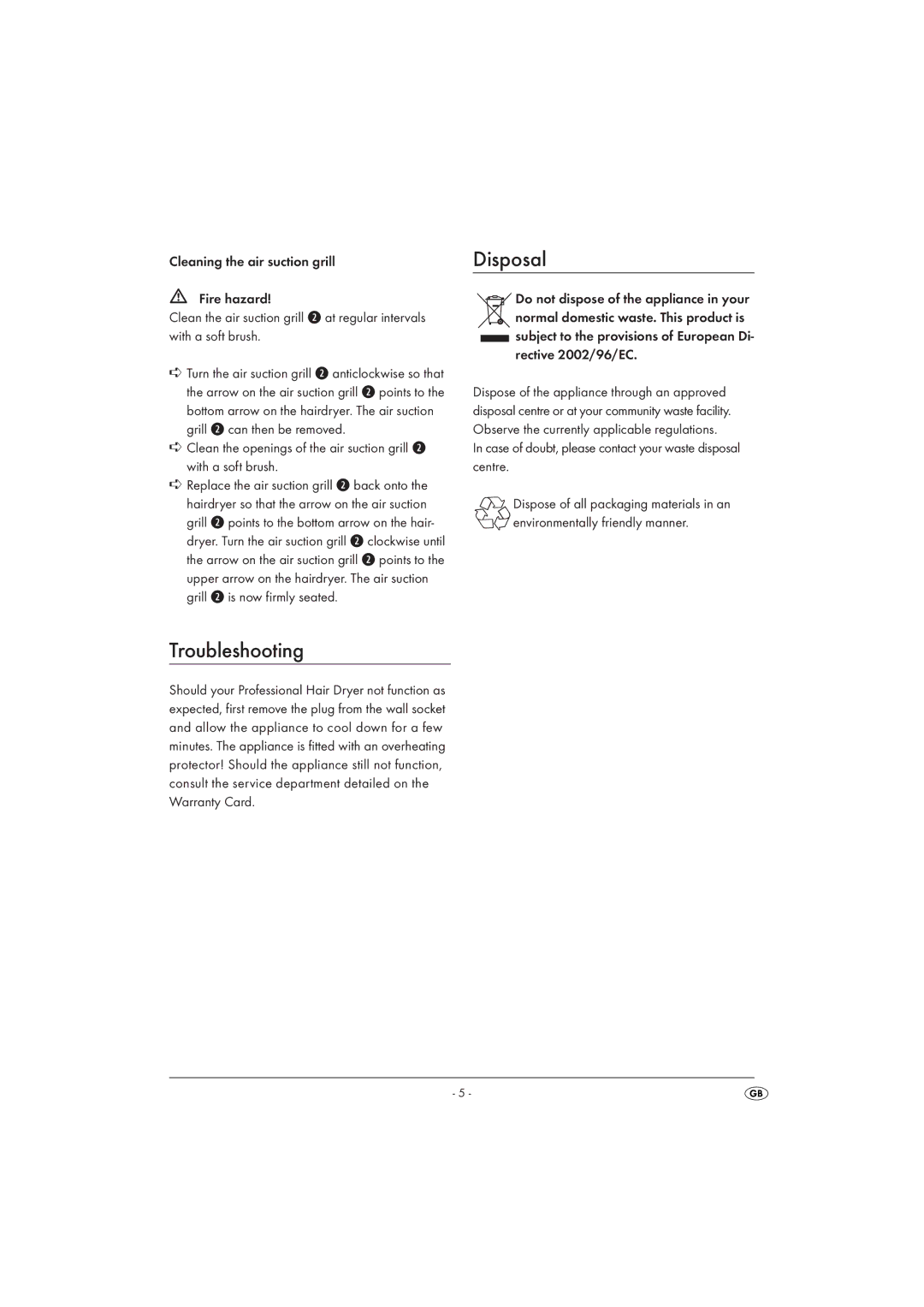 Silvercrest SHTC 2200 B1 operating instructions Troubleshooting, Disposal 