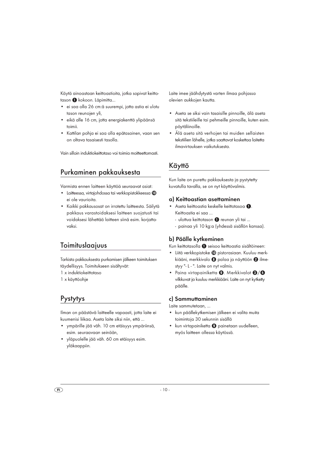 Silvercrest SIKP 2000 A1 manual Purkaminen pakkauksesta, Käyttö, Toimituslaajuus, Pystytys 