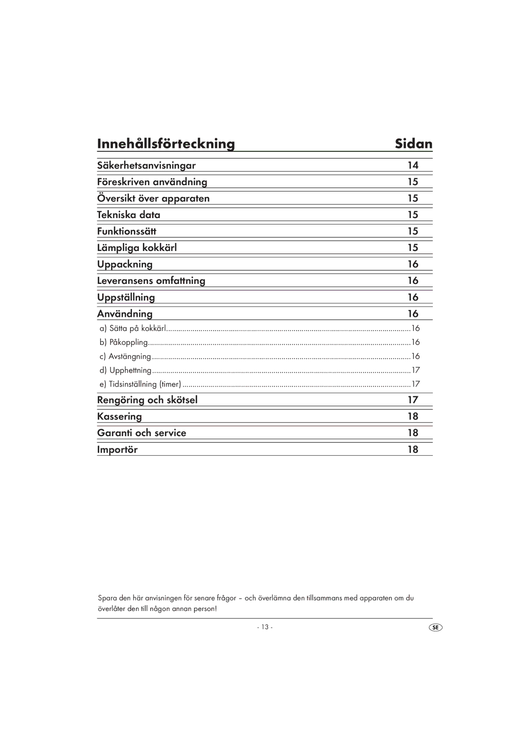 Silvercrest SIKP 2000 A1 manual Innehållsförteckning Sidan 