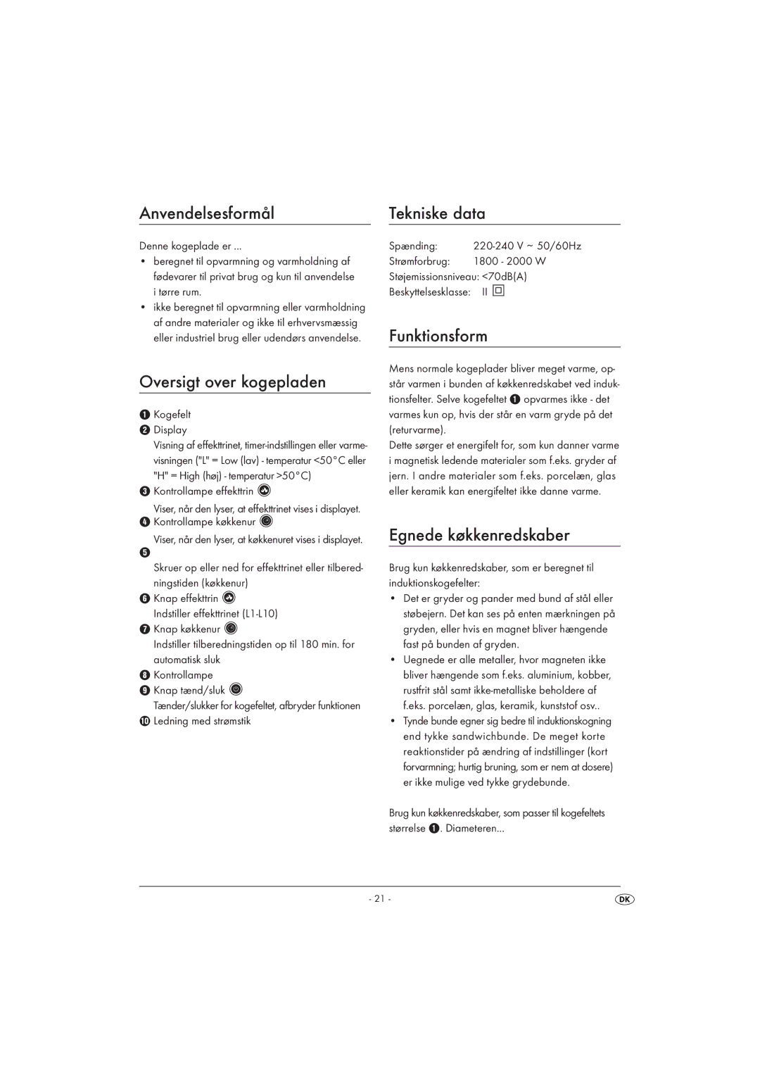 Silvercrest SIKP 2000 A1 Anvendelsesformål Tekniske data, Oversigt over kogepladen, Funktionsform, Egnede køkkenredskaber 