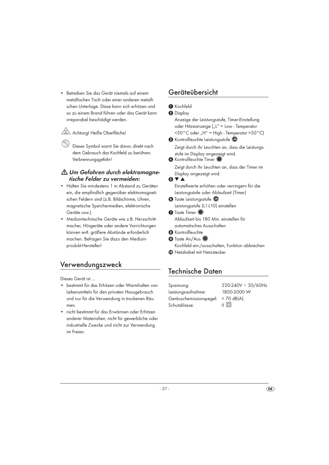 Silvercrest SIKP 2000 A1 manual Geräteübersicht, Verwendungszweck Technische Daten 