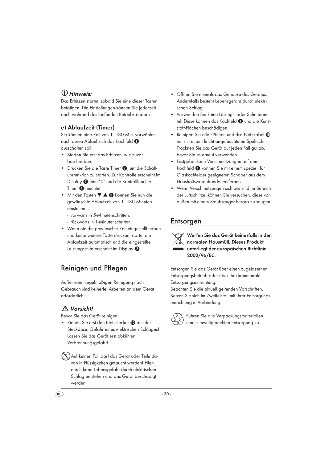 Silvercrest SIKP 2000 A1 manual Reinigen und Pflegen, Entsorgen, Ablaufzeit Timer, Vorsicht, Bevor Sie das Gerät reinigen 