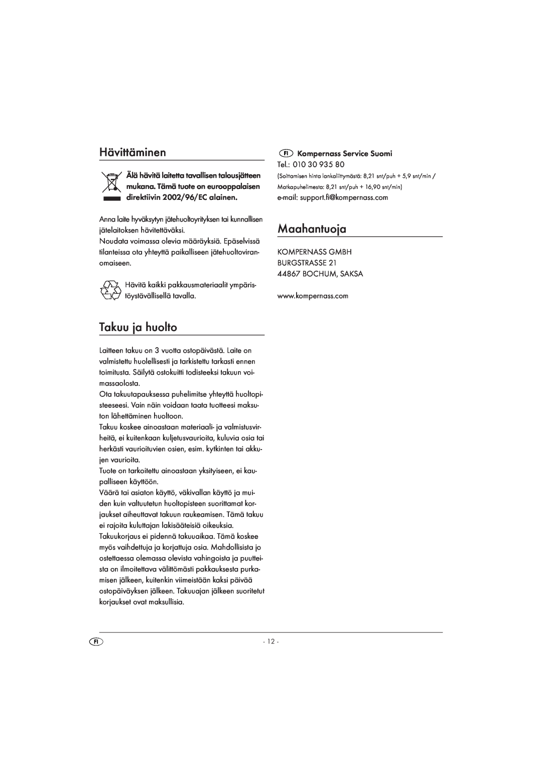 Silvercrest SIKP 2000 A1 manual Hävittäminen, Takuu ja huolto, Maahantuoja 