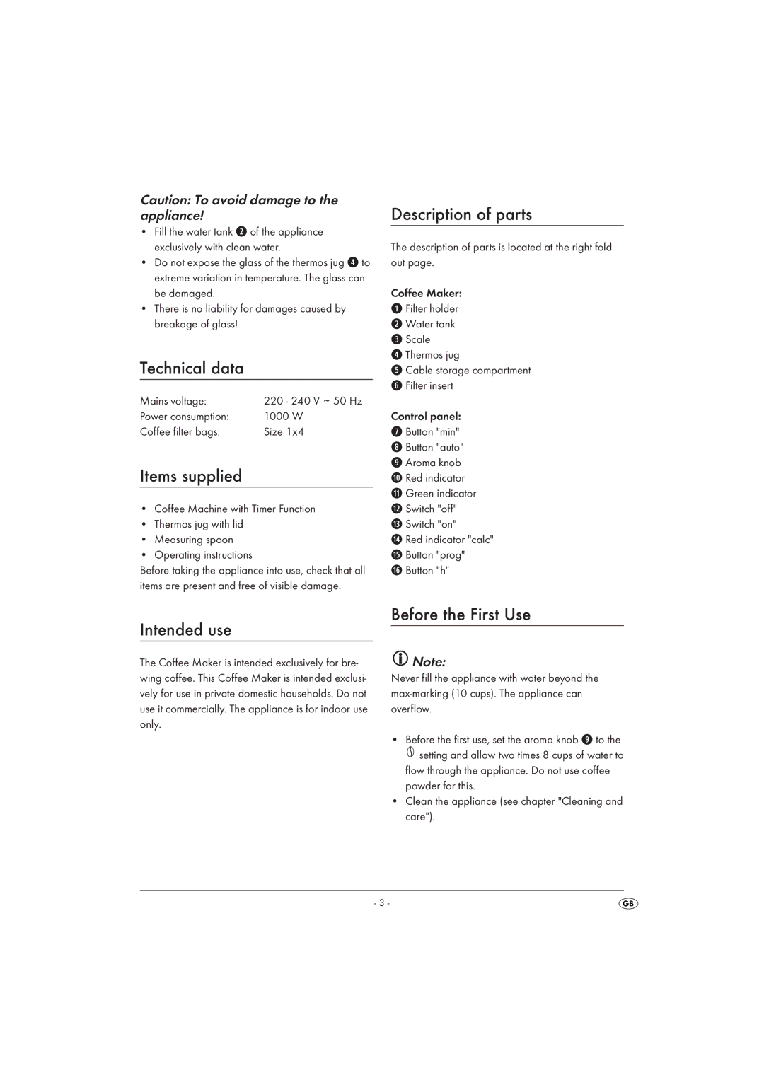 Silvercrest SKAT1000A1 Technical data, Items supplied, Description of parts, Intended use, Before the First Use 