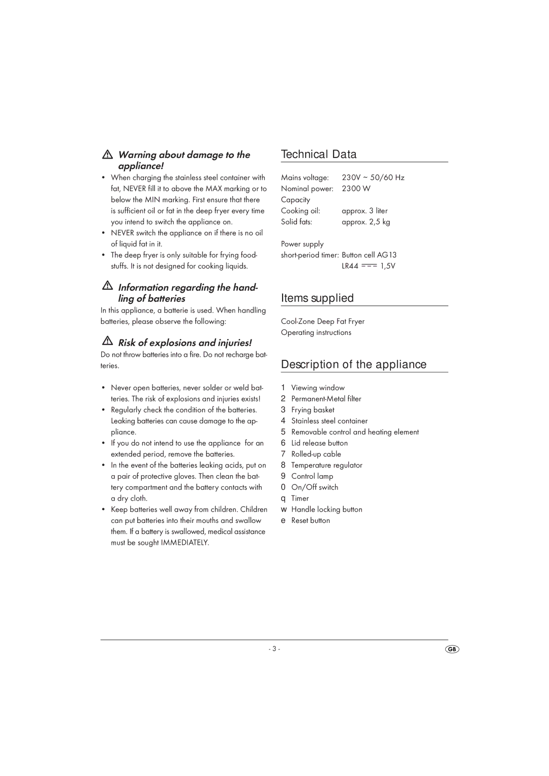 Silvercrest SKF 2300 A16 operating instructions Technical Data, Items supplied, Description of the appliance 