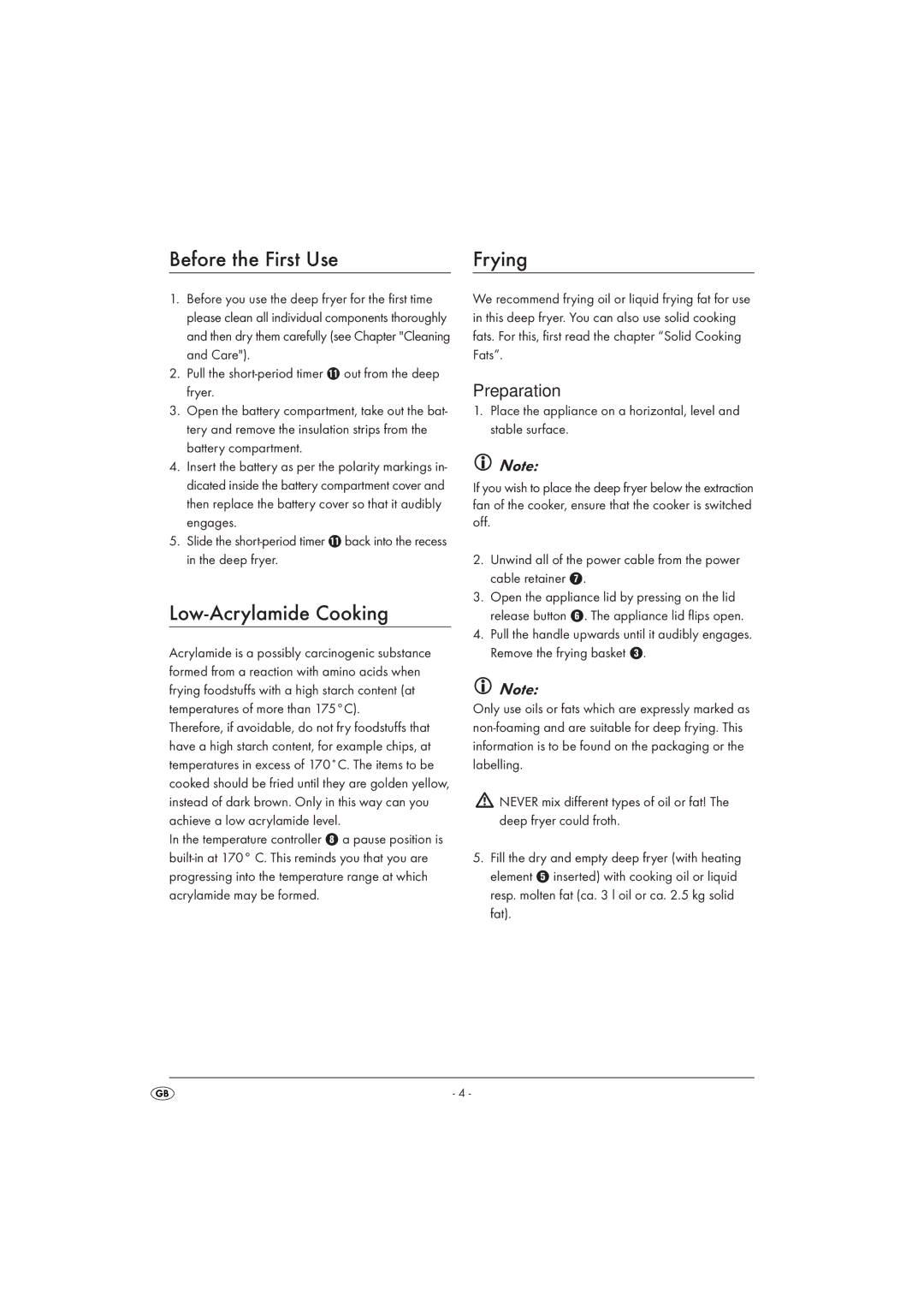 Silvercrest SKF 2300 A16 operating instructions Before the First Use Frying, Low-Acrylamide Cooking, Preparation 