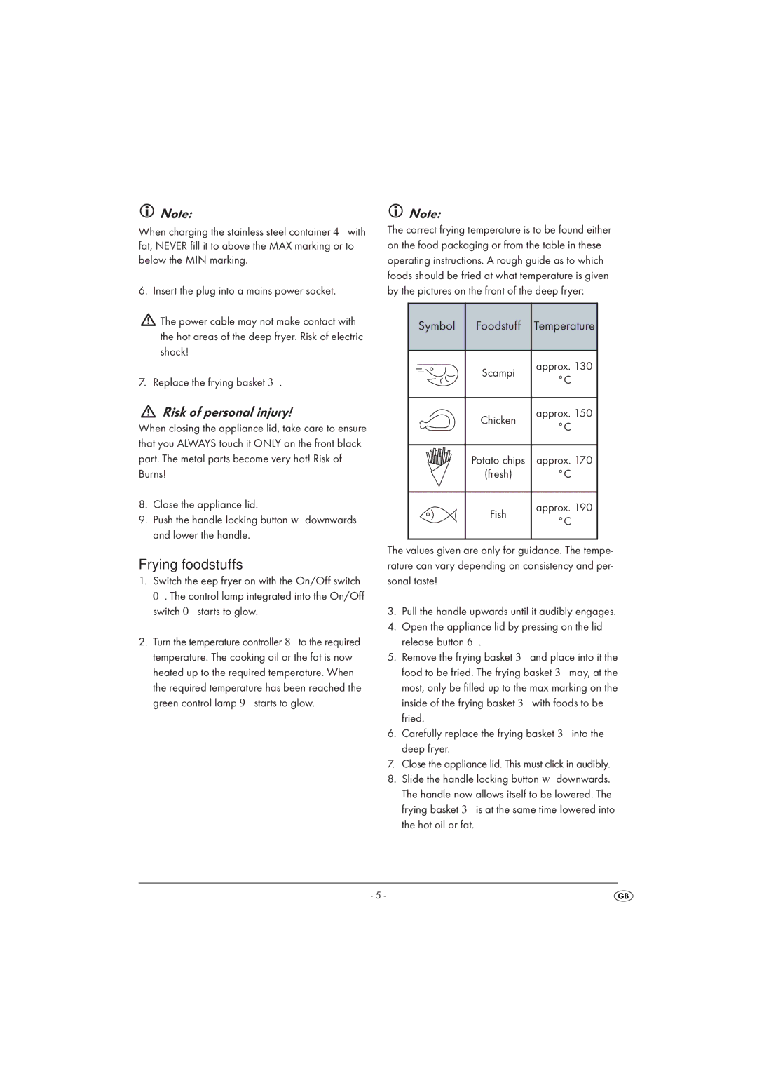 Silvercrest SKF 2300 A16 operating instructions Frying foodstuffs, Symbol 