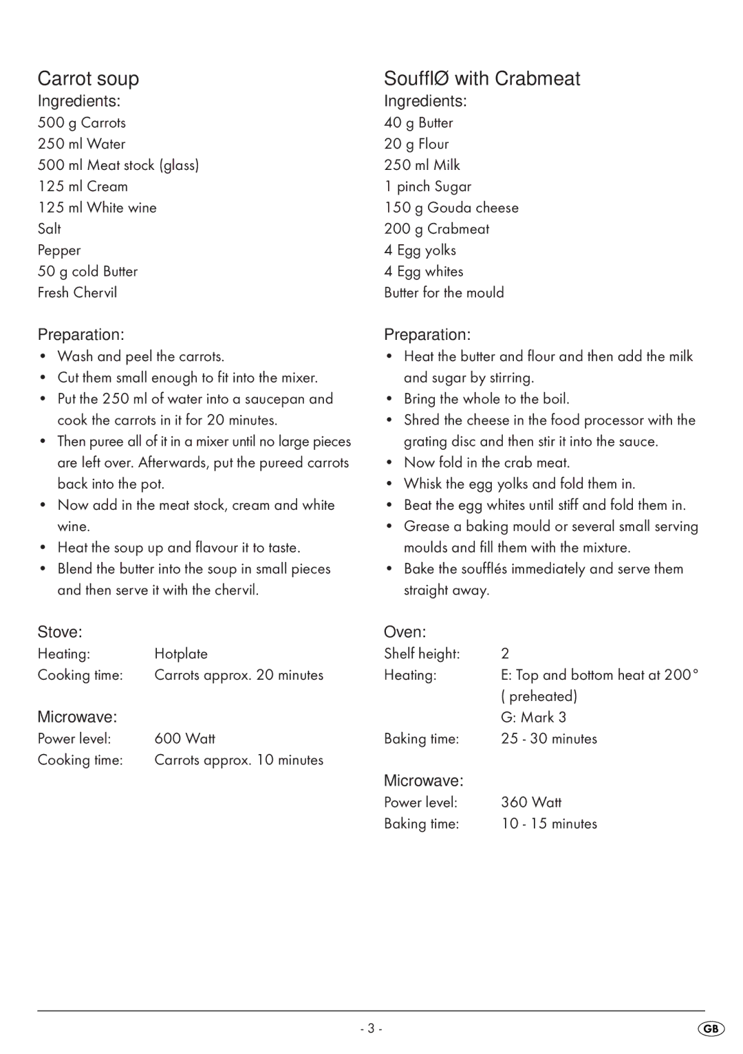 Silvercrest SKM 550 A1 manual Carrot soup, Soufflé with Crabmeat, Stove Heating Hotplate Cooking time, Preheated, Mark 