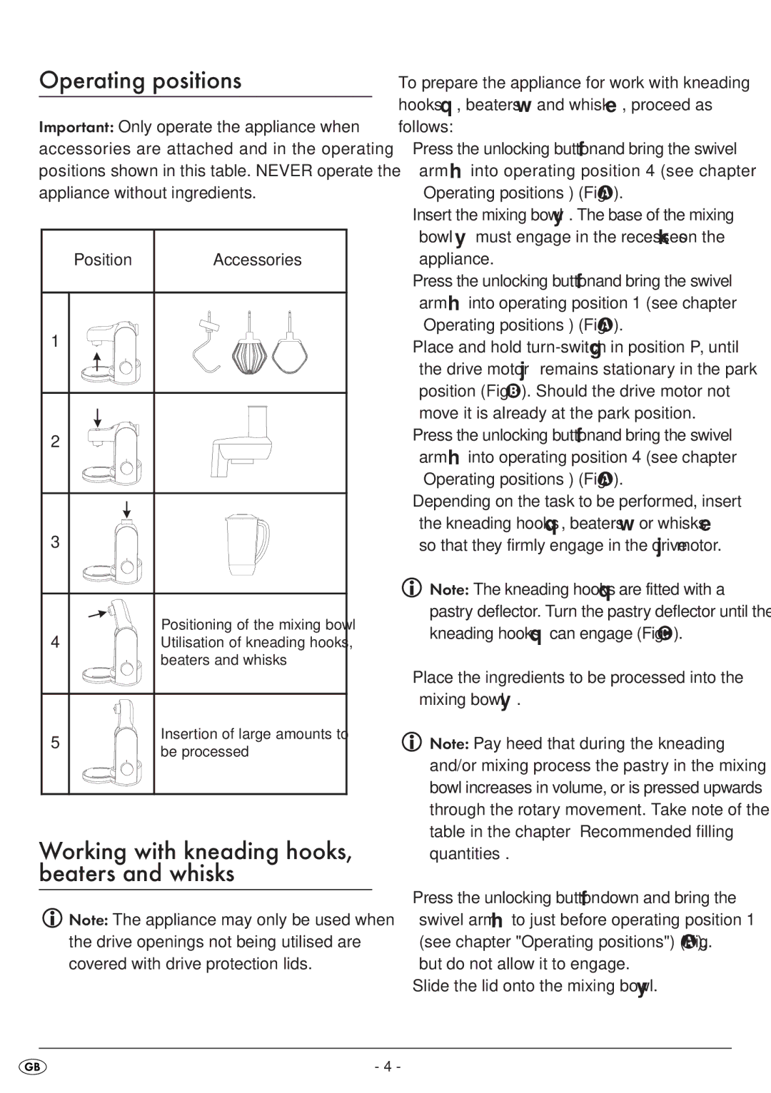 Silvercrest SKM 550 A1 manual Operating positions, Working with kneading hooks, beaters and whisks, Position 