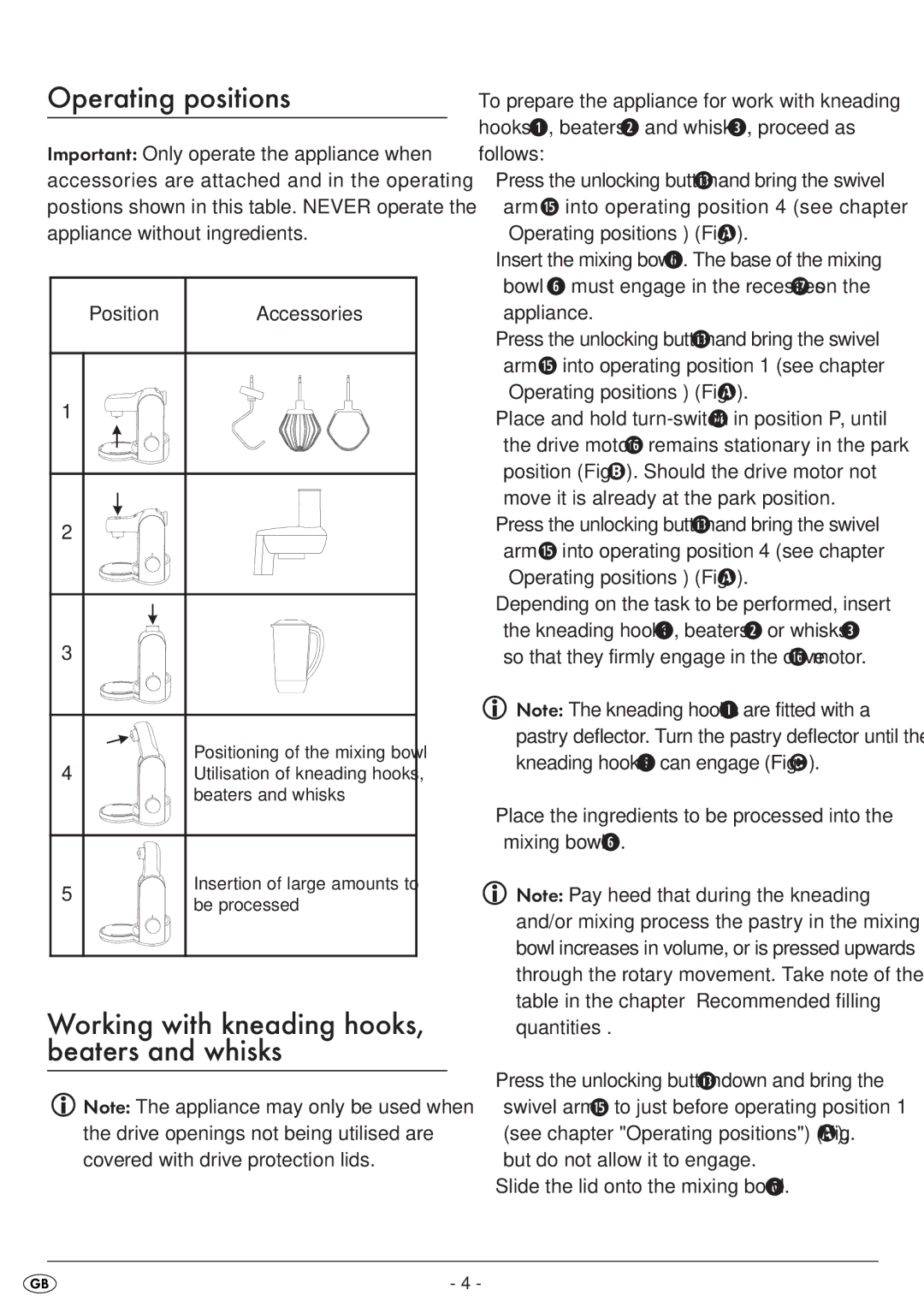 Silvercrest SKM550EDSA1-06/10-V3 manual Operating positions, Working with kneading hooks, beaters and whisks, Position 