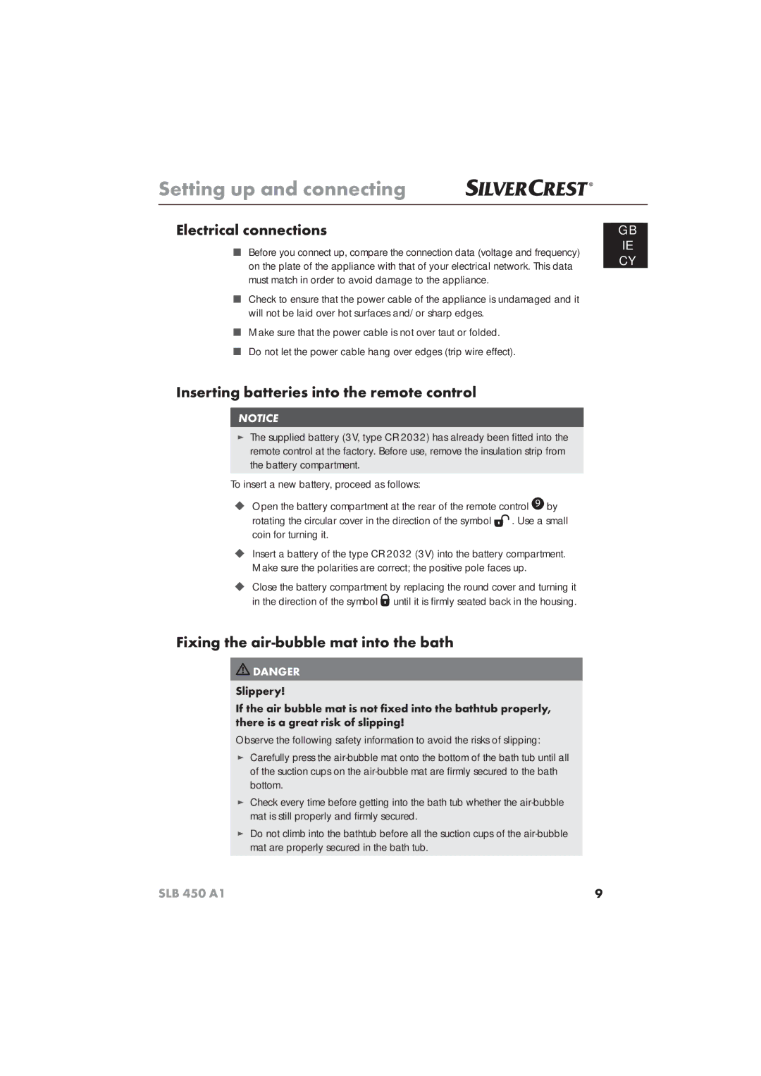 Silvercrest SLB 450 A16 operating instructions Electrical connections, Inserting batteries into the remote control 