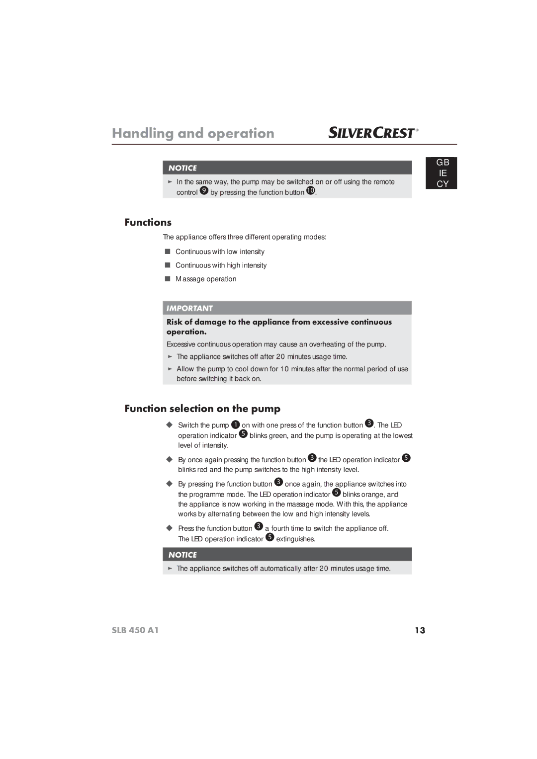 Silvercrest SLB 450 A16 operating instructions Functions, Function selection on the pump 