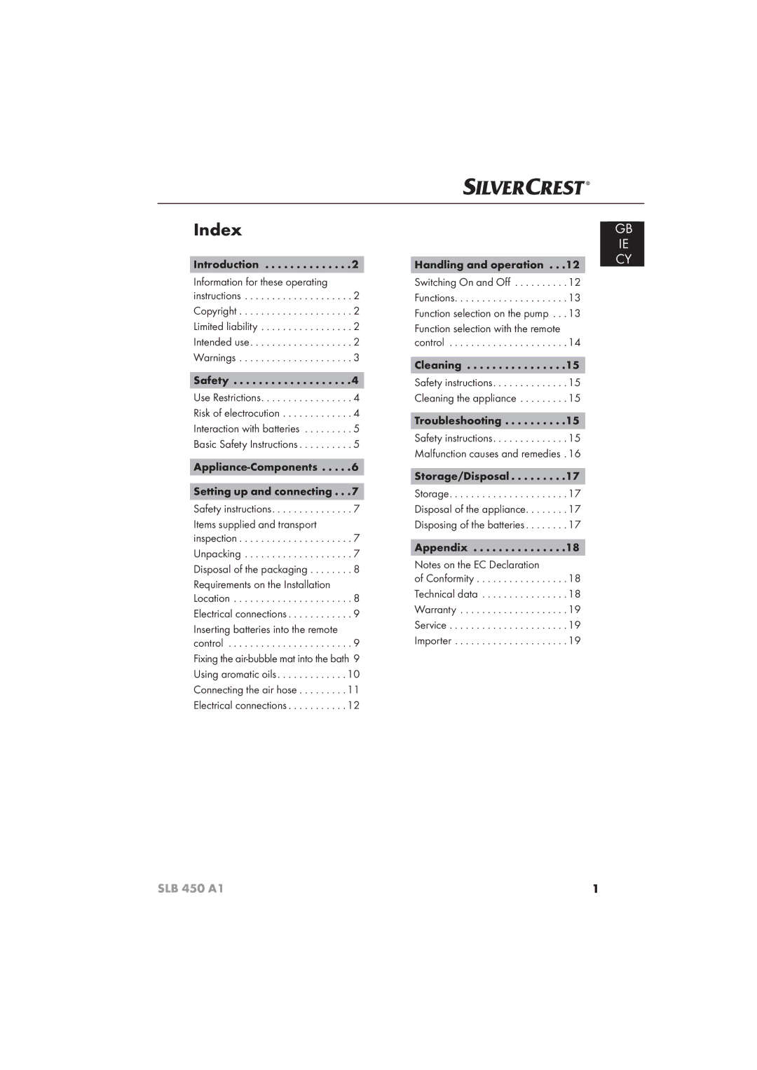 Silvercrest SLB 450 A16 operating instructions Index, Introduction, Appliance-Components, Appendix 