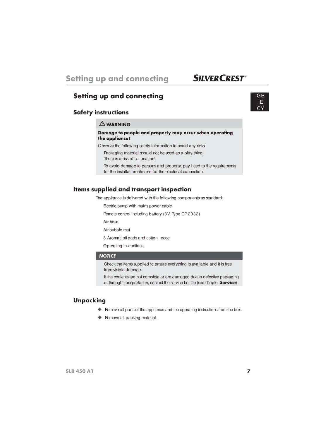 Silvercrest SLB 450 A16 Setting up and connecting, Safety instructions, Items supplied and transport inspection, Unpacking 