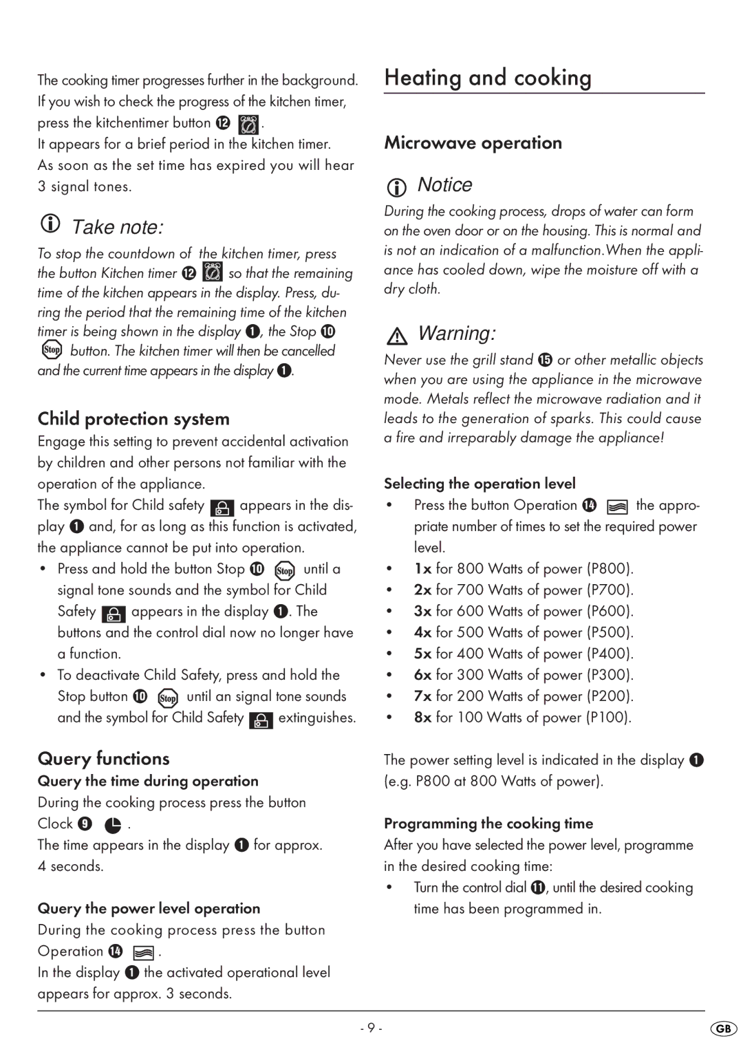 Silvercrest SMW 800 A1 manual Heating and cooking, Take note, Child protection system, Query functions, Microwave operation 