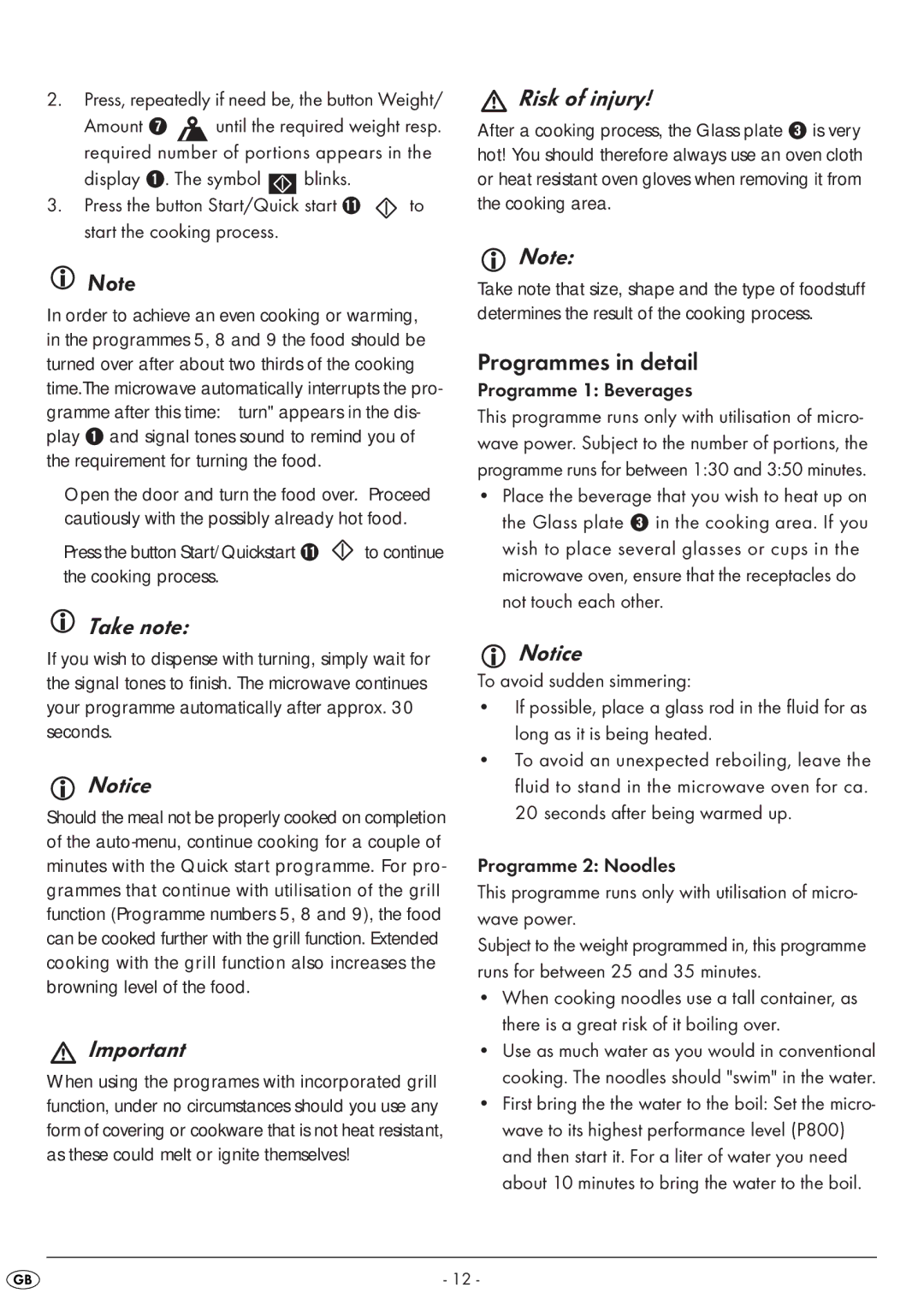 Silvercrest SMW 800 A1 manual Programmes in detail, Programme 1 Beverages 