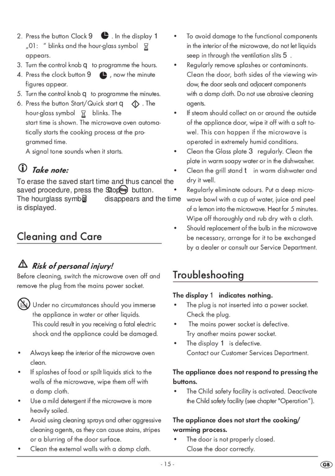 Silvercrest SMW 800 A1 manual Cleaning and Care, Troubleshooting, Risk of personal injury 