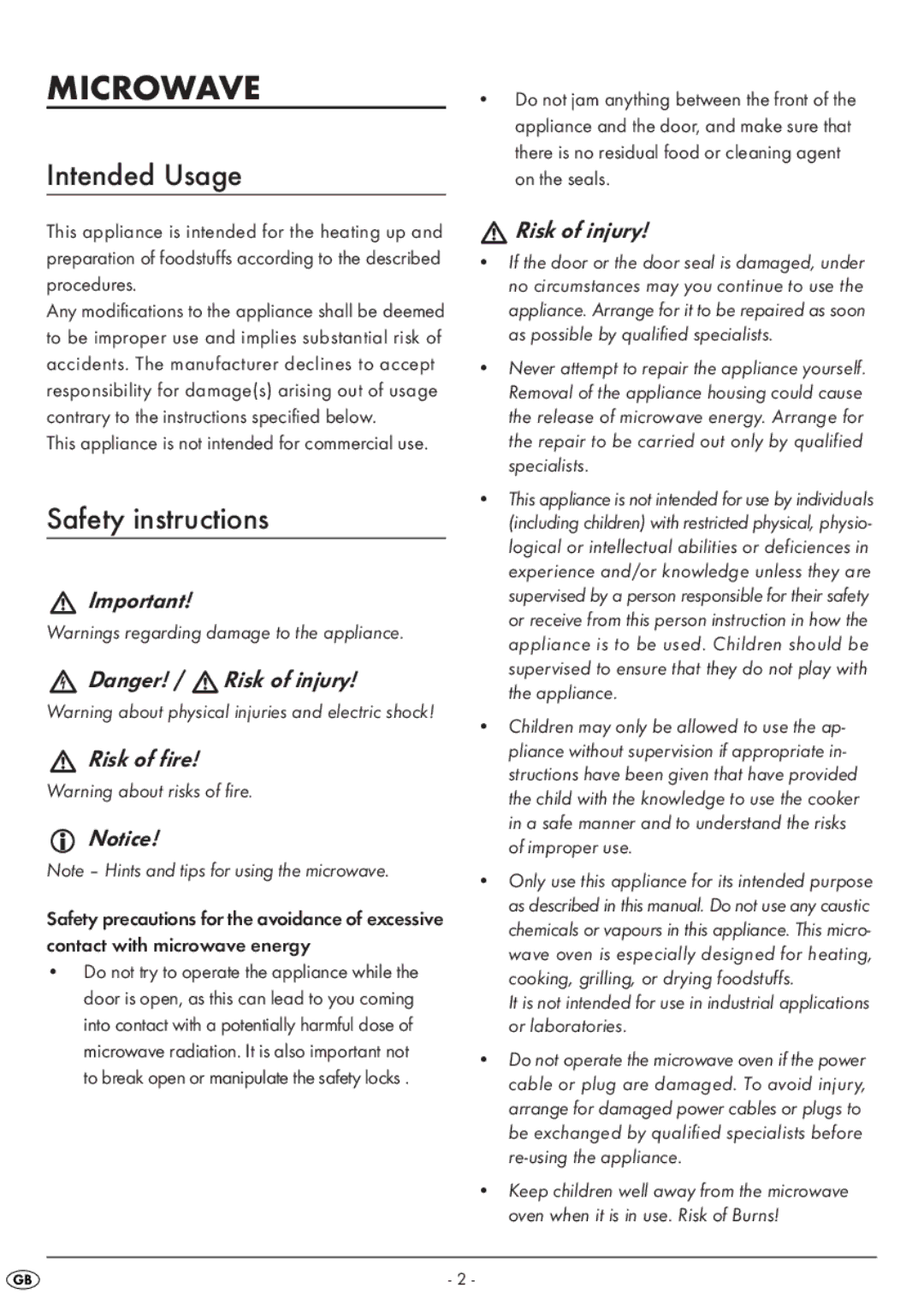 Silvercrest SMW 800 A1 manual Intended Usage, Safety instructions, Risk of fire, Risk of injury 