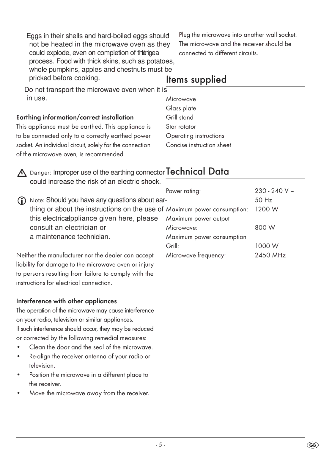 Silvercrest SMW 800 A1 manual Items supplied, Technical Data 